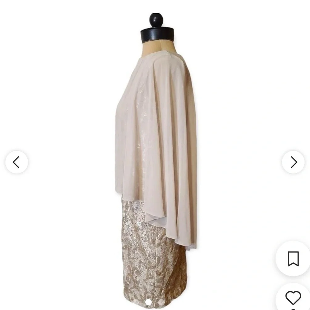 Alex Evenings Champagne Sequin Lace Chiffon Cape Sheath Dress size 6